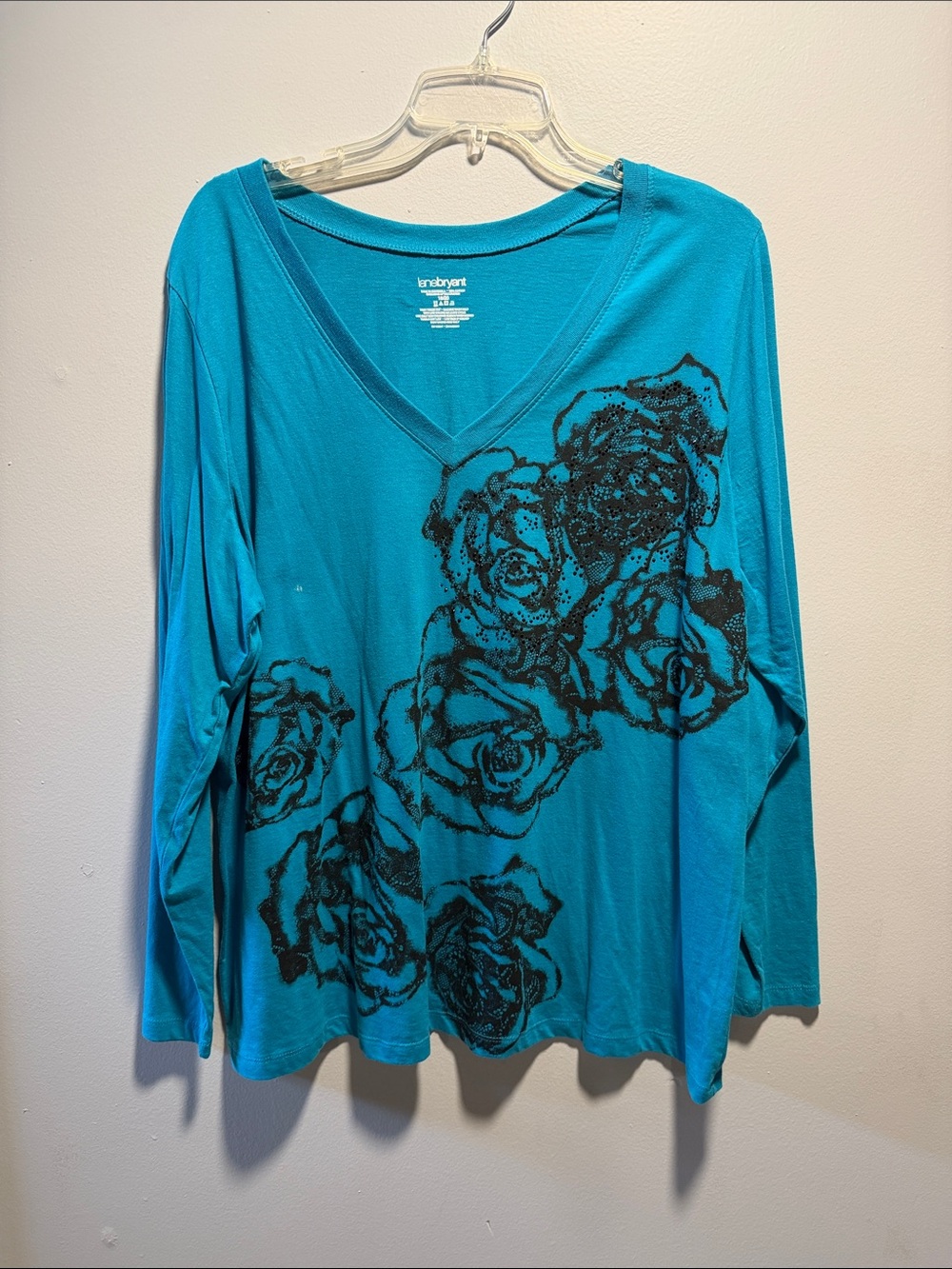 Lane Bryant Teal V-Neck Long Sleeve Top with Black Rose Print